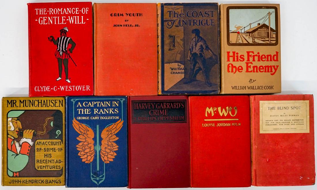 (9) Early 20th Century Books: Group of nine early 20th century books. Includes: Grim Youth by John Held, Jr. 1930, illustrated; The Blind Spot by Justus Miles Forman (Advance Copy, Compliments of Harper and Brothers); and more. Pr