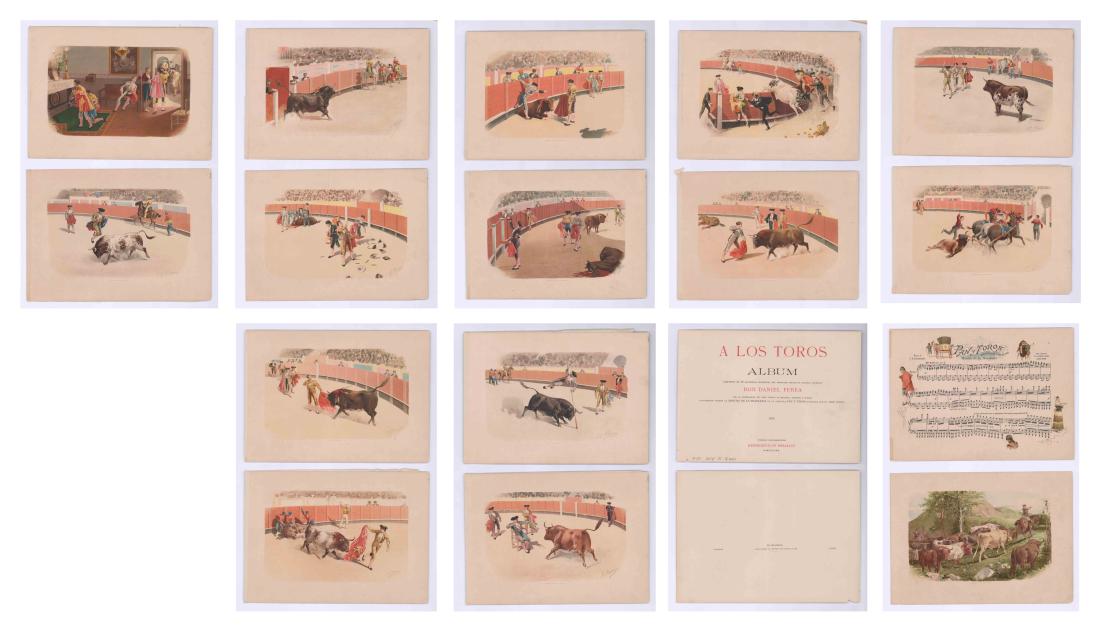 Ca.1900 Bullfighting 'A Los Toros Album' (19): Nineteen color plates of from 'A los Toros Album Compuesto de 28 Acuarelas Originals del Rputado Pintor de Escenas Taurinas' ('To the Bulls') by Don Daniel Perea (1834-1909). Published by Hermenegildo