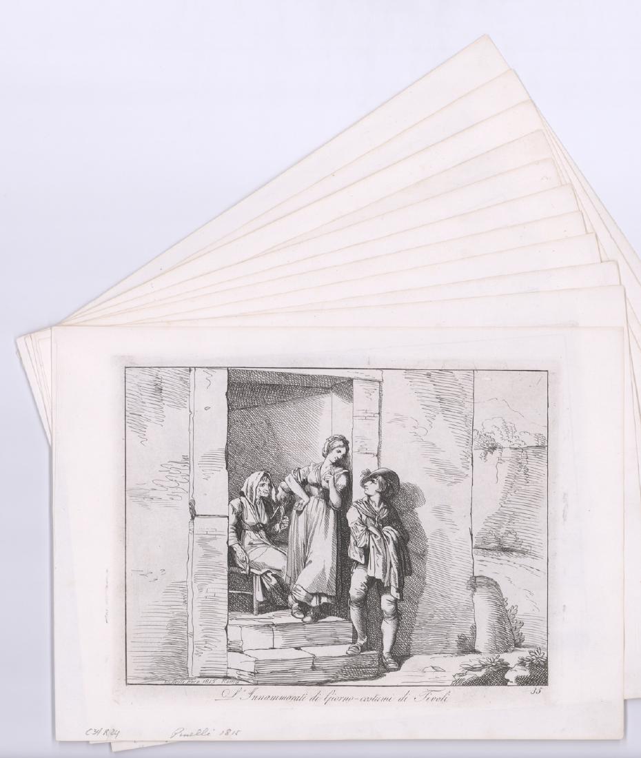 1815 Bartolomeo Pinelli Etchings of Rome (11): Circa 1815. Eleven Bartolomeo Pinelli etchings of Rome. Signed Pinelli Fece inside plates. Image size measures approximately 7.625 in. - 8 in. x 10.5 in. - 11 in. and sheets measures 10.25 in. x 14.12