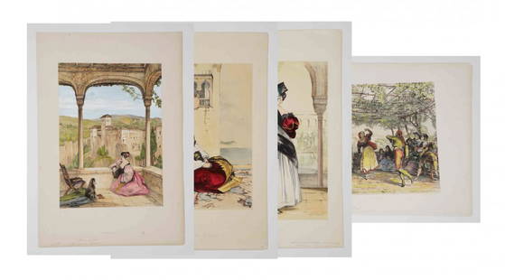 1835-36 John Frederick Lewis Color Lithographs: Four color lithographs (two with gilt illumination) by John Frederick Lewis (British 1805 - 1876). Includes: 1) Titled 'Peasants Dancing the Bolero' inside plate lower right. Plate signed and dated 'J