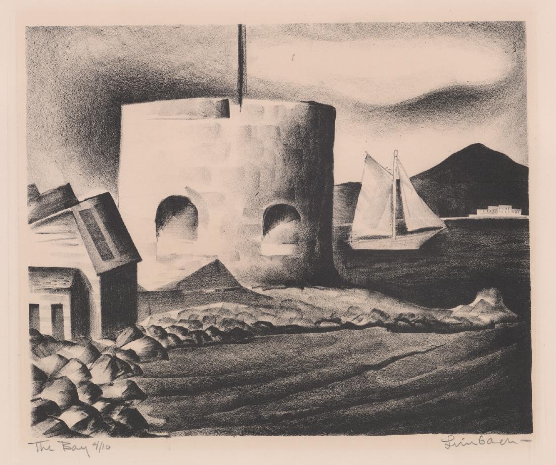Russell T. Limbach Signed Lithograph: Russell T. Limbach (American, 1904 - 1971) pencil signed lithograph. Signed in pencil 'Limbach' lower right. Titled and numbered 'The Bay 4/10' lower left. Image measures 8.625 in. x 10.75 and sheet m