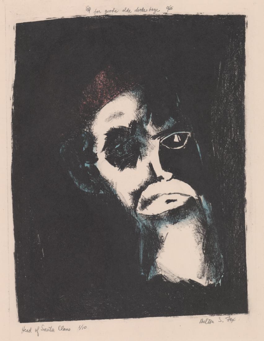 Milton S. Fox Signed Lithograph: Milton S. Fox pencil signed lithograph. Signed 'Milton S. Fox' lower right and titled and numbered 'Head of Santa Claus 1/10' lower left. Inscribed at upper center. Sheet measures 14.75 in. x 11.625 i