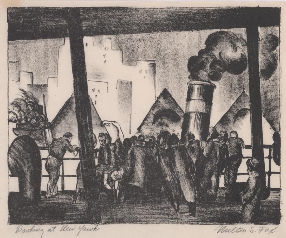 Milton S. Fox Signed Lithograph: Milton S. Fox (1904 - 1971) pencil signed lithograph. Signed 'Milton S. Fox' lower right and titled 'Docking at New York' lower left. Sheet measures approximately 10 in. x 13 in. Fair to good conditio