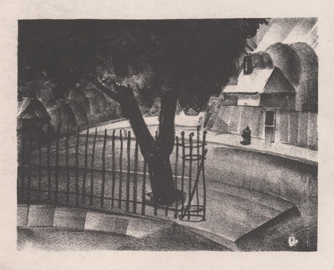 WPA-Era Lithograph: WPA era lithograph. Initials in plate lower right. Image measures 6.375 in. x 8.375 in. Sheet measures 10.125 in. x 12 in. Unframed, loose and not mounted or glued down. If lot is absent of a conditio