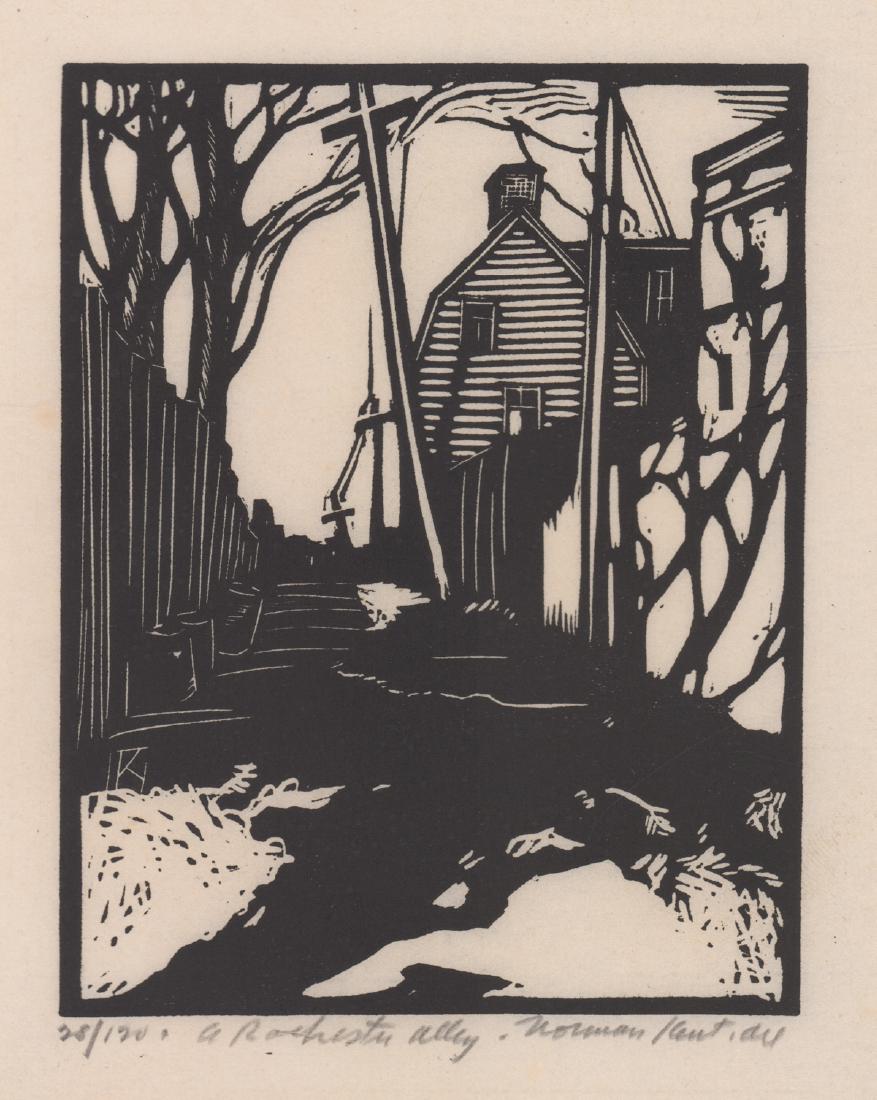 Norman Kent Signed Woodcut: Norman Kent (American 1903 - 1972) signed woodcut. Numbered, titled and signed '28/120 A Rochester Alley Norman Kent. du' in pencil under image. Measures 6.125-in. x 4.75-in. image size, 10-in. x 8.75