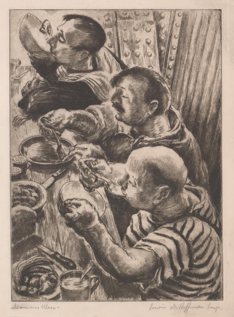 1936 WPA Era Irwin D. Hoffman Signed Etching: 1936 WPA era Irwin D. Hoffman (American, 1901 - 1989) pencil signed etching. Signed 'Irwin D. Hoffman Imp.' lower right and titled 'Seaman's Mess' lower left. Plate signed and dated ' Irwin D. Hoffman
