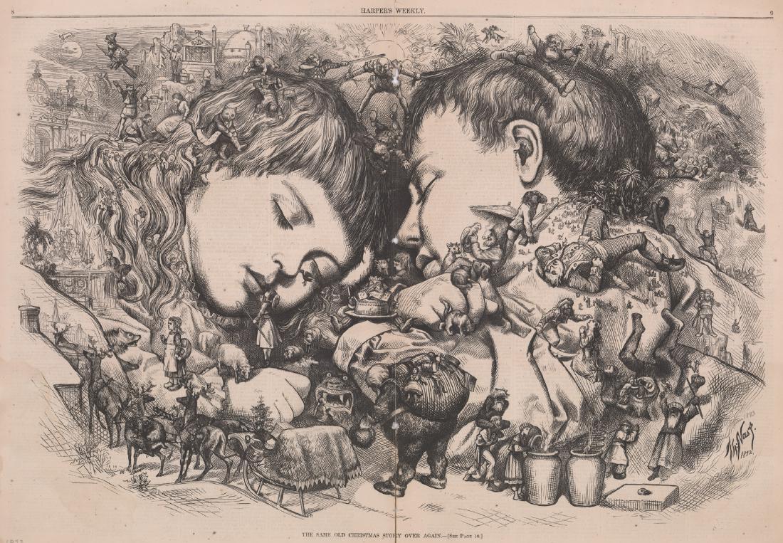 Thomas Nast for Harper's Weekly: Christmas Story: January 4, 1873 Harper's Weekly Thomas Nast 'The Same Old Christmas Story' wood engraving. Pages 7 and 10 printed on verso. Some paper loss from chipping at edges and from staple removal. Pages starti
