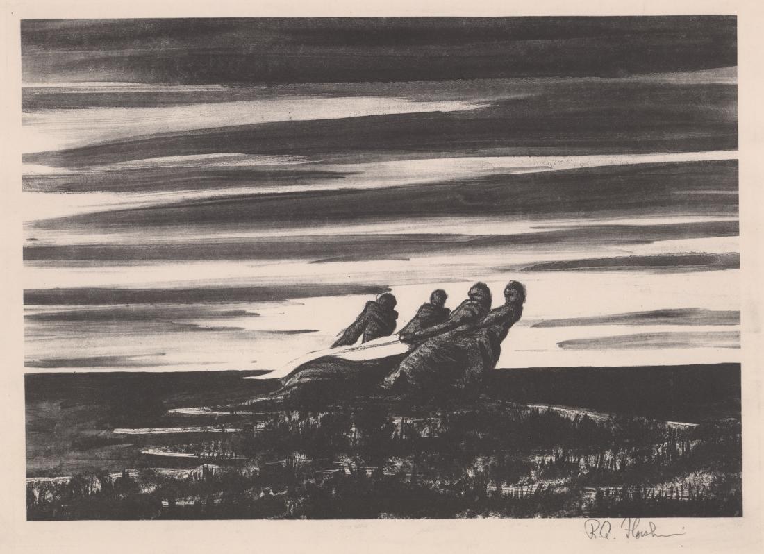 1944 Richard A. Florsheim Signed Lithograph: 1944 Richard A. Florsheim (American, 1916 - 1979) pencil signed lithograph. Written in pencil is number 250 lower left, likely for edition size. 'While Shadowed Figures Searched'. Signed 'R. A. Florsh