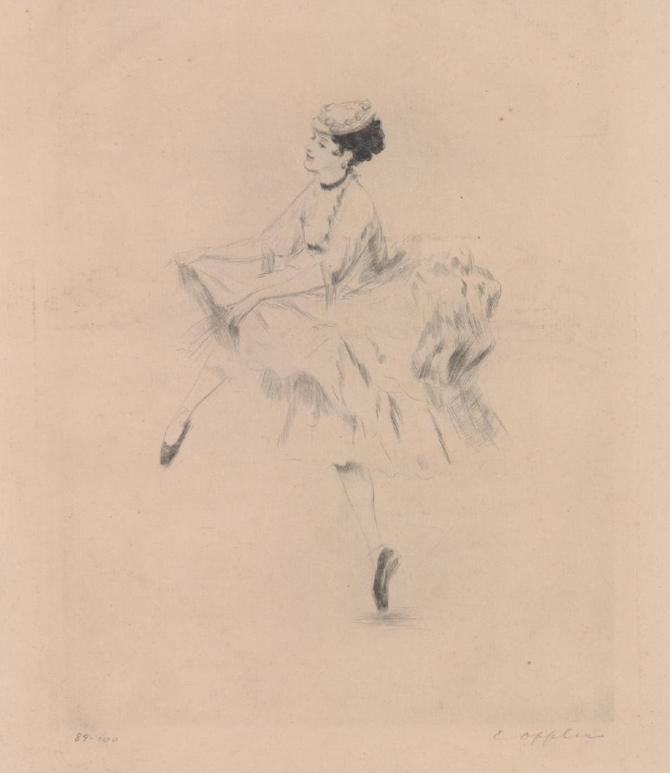 Ernst Oppler Signed Drypoint: Ernst Oppler (German, 1867 - 1929) pencil signed and numbered drypoint. of a 'Dancer'. Signed 'E. Oppler' lower right and numbered '89/100' lower left. Measures 12.5 in. x 9.75 in. On laid paper, over