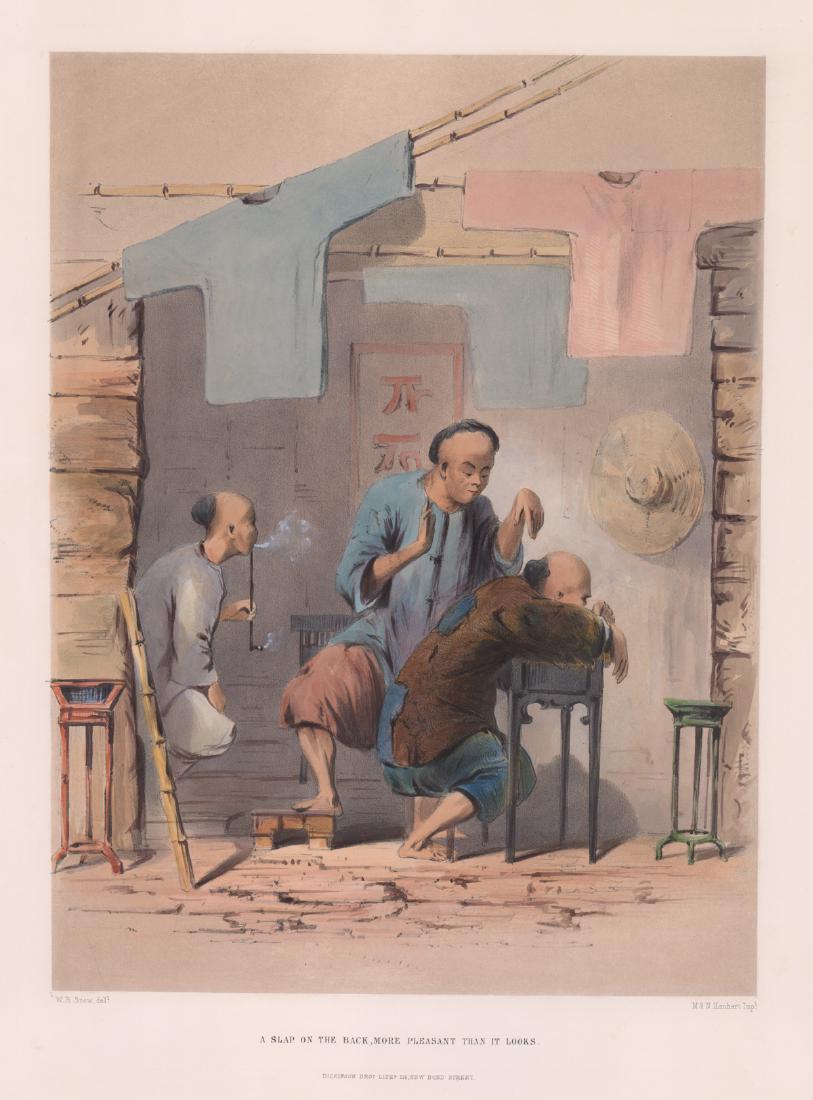 19th C. W. R. Snow Colored Lithograph Chinese: William Roger Snow (1834 - 1907) nineteenth century colored lithograph, Chinese opium smokers 'A Slap on the Back, More Pleasant than it Looks'. Image measures 13.375 in. x 10 in. and sheet measures 2