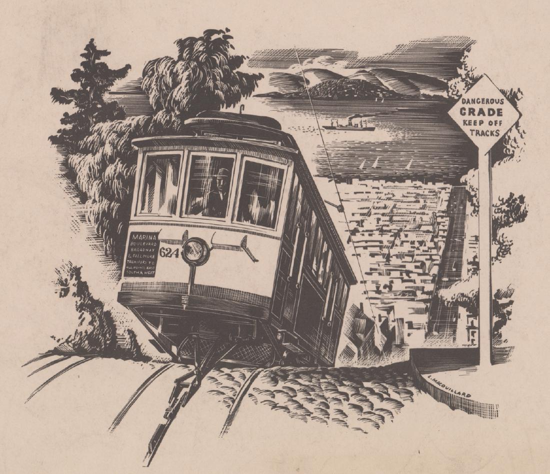 Louis Macouillard Wood Engraving: Louis Macouillard wood engraving. Image (California Cablecar) measures 6.5-in. x 9.5-in. image size, 9.5-in. x 12.5-in. sheet size. Mounted on thin folio (attached at upper corners only) measuring 13-