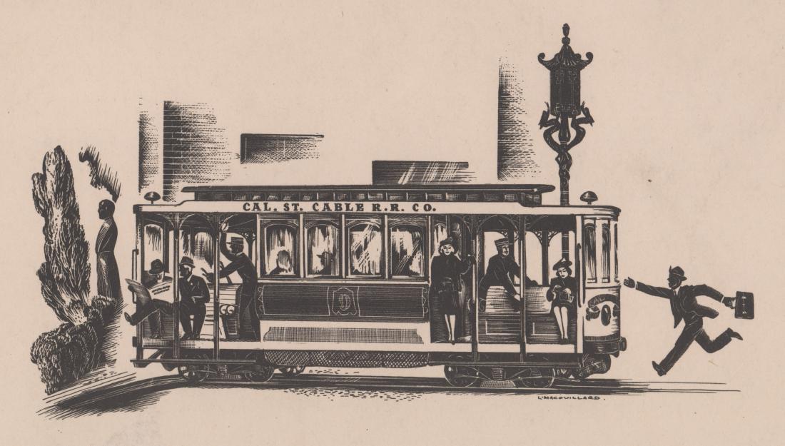Louis Macouillard Wood Engraving: Louis Macouillard wood engraving. Image (California Cablecar) measures 6.5-in. x 9.5-in. image size, 9.5-in. x 12.5-in. sheet size. Mounted on thin folio (attached at upper corners only) measuring 13-