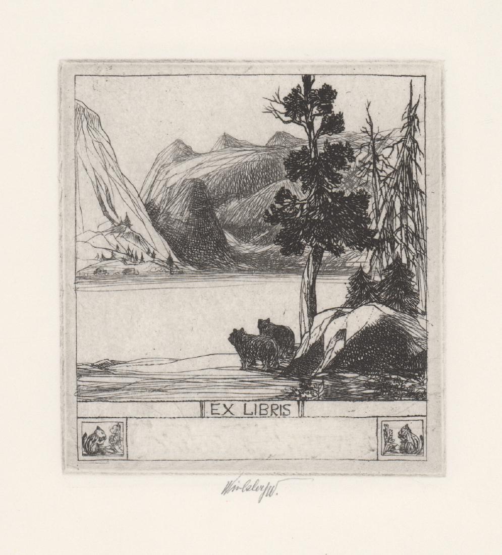 John W. Winkler Signed Bookplate Etching: John W. Winkler (Austrian/American, 1890 - 1979) pencil signed 'Ex Libris Lake Tenya' bookplate etching. Signed 'Winkler JW' lower center. Image measures 3.375 in. x 3.125 in. and sheet measures 9.375