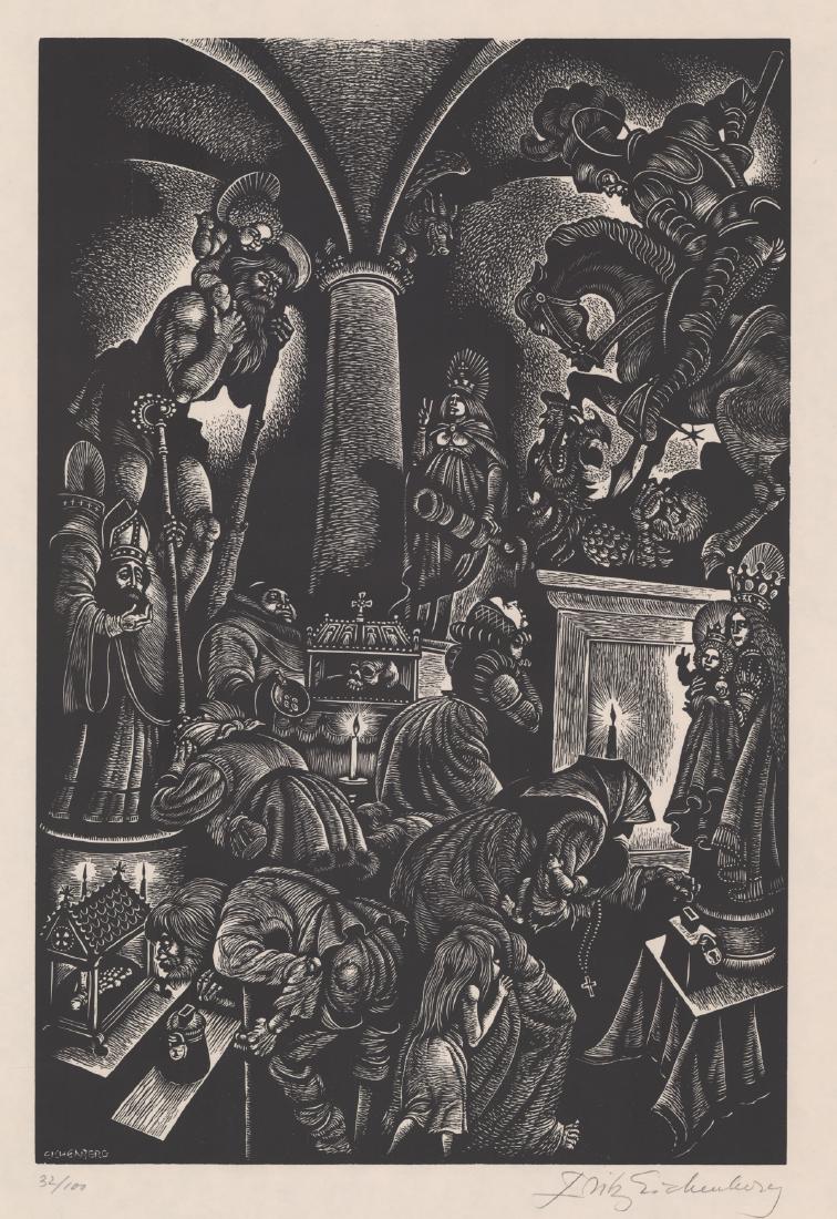Fritz Eichenberg Signed 'Folly' Woodcut: Fritz Eichenberg (American, 1901 - 1990) pencil signed woodcut from In Praise of Folly Portfolio of 10 woodcuts. Signed in pencil lower right 'Fritz Eichenberg'. Number #32/100 in pencil lower left. W