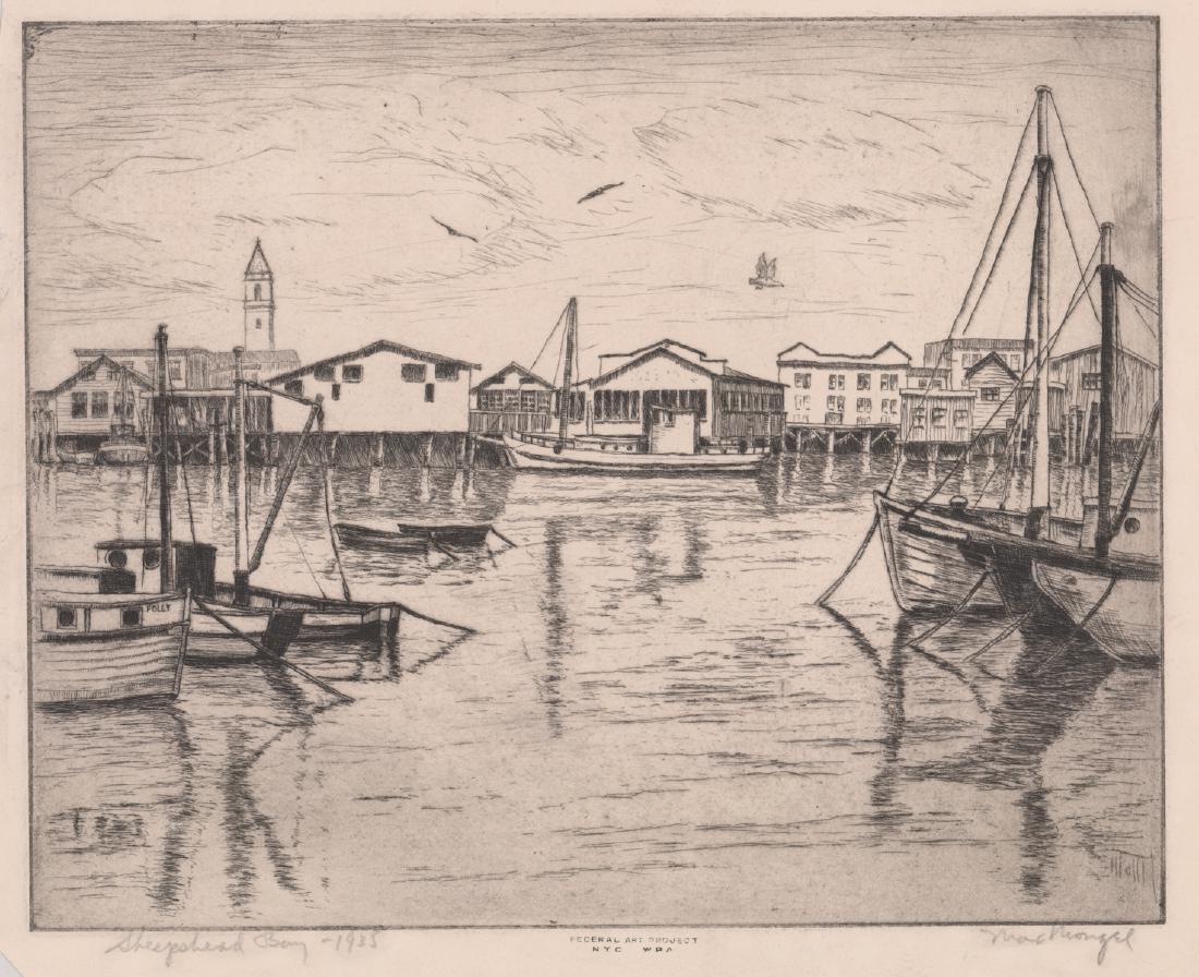 1935 WPA Era Illegibly Signed Etching: 1935 WPA Era Illegibly signed etching. Titled 'Shepherd Bay 1935' lower left. Stamped lower center 'Federal Art Project NYC WPA'. Image measures 7.875 in. x 9.875 in. and sheet measures 11.5 in. x 13.