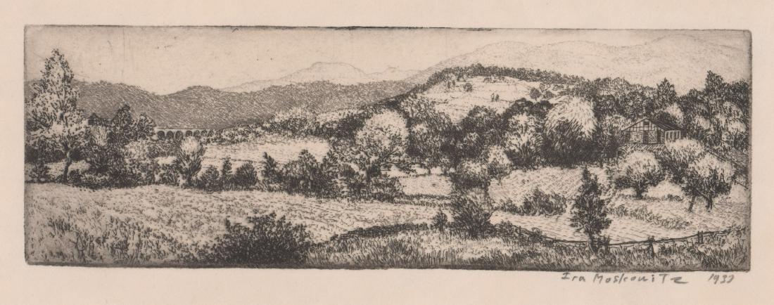 1937 Ira Moskowitz Early Miniature Etching: 1937 (or 1933) Ira Moskowitz early miniature etching. Pencil signed and dated 'Ira Moskowitz 1937' lower right. Image measures 1.9735 in. x 5.9735 in. and sheet measures 3.5 in. x 7.375 in. Pin hole m