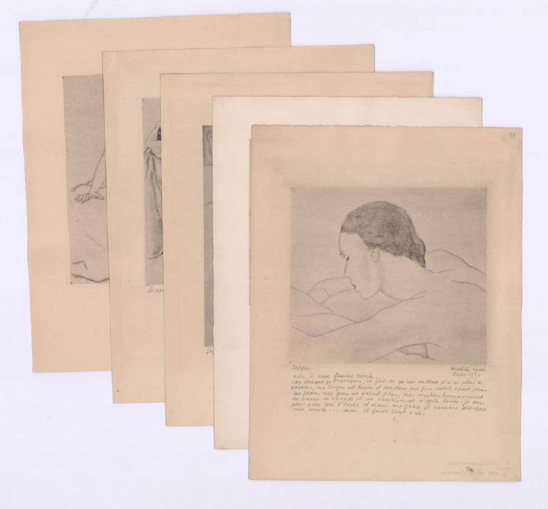 Mariette Lydis Group of Etchings: Mariette Lydis (French/Argentine 1894 - 1970), group of five etchings. All pencil signed 'Mariette Lydis' lower right. Three dated '1933' and one dated '1932'. All measure 12.75-in. x 9.75-in. sheet s