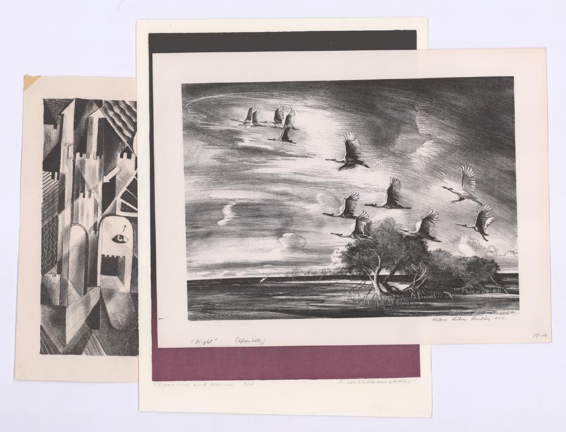 Group of Lithographs Various Artists (3): Group of three lithographs by various artists, two pencil signed in lower right. Includes works by Victoria Hudson Huntley, one signed illegibly and one unsigned. Two measure 16-in. x 12-in. sheet siz