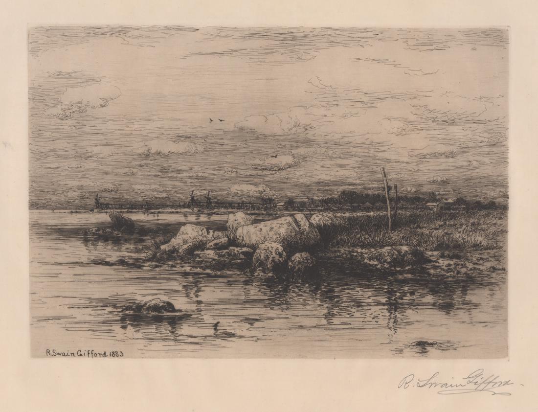 Robert Swain Gifford (1840 - 1905) Etching: Robert Swain Gifford (1840 - 1905) pencil signed etching. Signed in pencil 'R. Swain Gifford' lower right. F-G/G with taped tear in lower margin, a hole at top center margin and sheet has rippling. Un