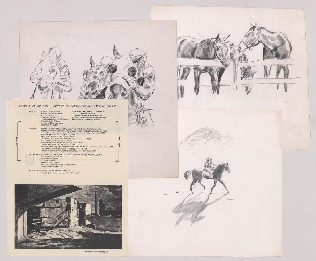 Charles Andrew Taylor Horse Racing Sketches (3): Three Charles Andrew Taylor (American 1910 - 1975) race horse sketches. All include blind stamp 'From the Estate of Charles A. Taylor' circled around the initials 'CT' in lower right of sketch. Also i