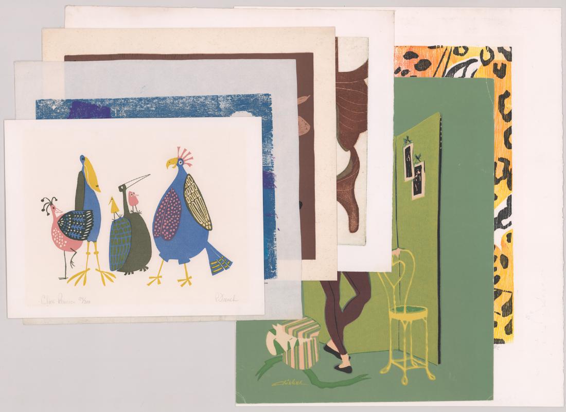 Modern and Contemporary Prints Various Artists (6): Group of six assorted prints (etchings, serigraphs, lithographs) by various artists. One etching by Katja Oxman (German/American b. 1942). It is signed 'Katja' in pencil lower right. It is titled 'Mem