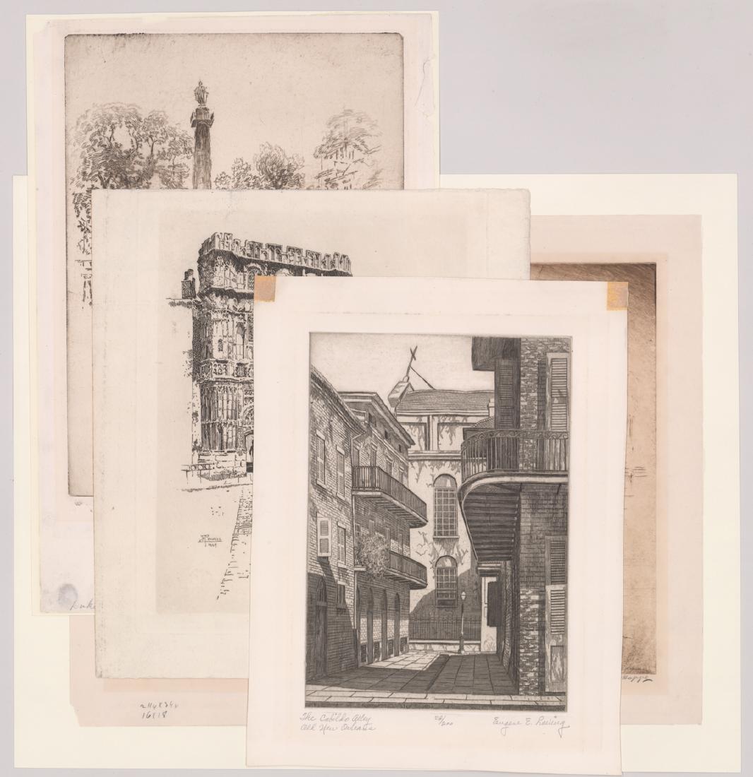 Group of Etchings by Various Artists (4): Group of four assorted prints by various artists. Two Joseph Pennell (United Kingdom/American 1857 - 1926), one pencil signed lower center, one signed in plate lower left. One etching by Eugene E. Lov