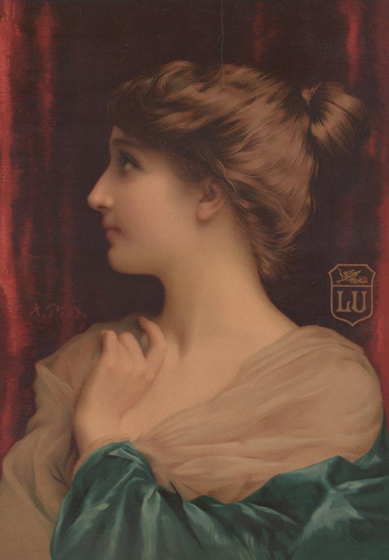 French Color Lithograph: French color lithograph, dated 1902, a portrait of an Art Nouveau Parisian beauty with hidden implications typical of period. Image and sheet size 26.375 in x 20 in. Condition: A dog ear chip on the t