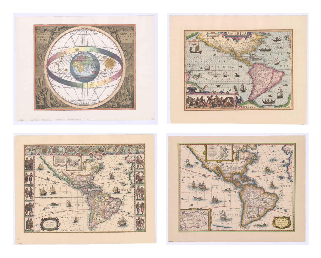 Four Early Maps in Color Facsimile: Four early maps, color reproductions mid 20th Century examples. The first titled Harmonia Macrocosmica of 1661. Image size 14.875 in x 17.5 in. Sheet size 18 in x 24 in. Second map from Mercator Atlas