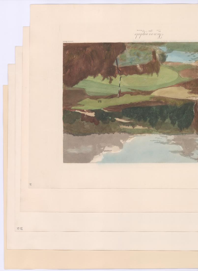Bromley-Davenport and Greenwood Golf Etchings (5): Five gold prints after I. Bromley-Davenport and after Ernest Greenwood. All are hand colored restrike etchings from 1954, published by Fores London and USA. Group includes 1) I. Bromley-Davenport - 'W