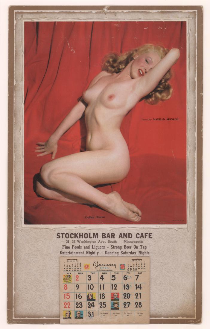 Marilyn Monroe Advertising Nude Calendar, 1956: A Marilyn Monroe Nude Calendar, 1956. Depicting the famous 'Golden Dreams' image, text printed on right side reads 'Posed by Marilyn Monroe,' small 1956 calendar stapled to lower margin advertising St