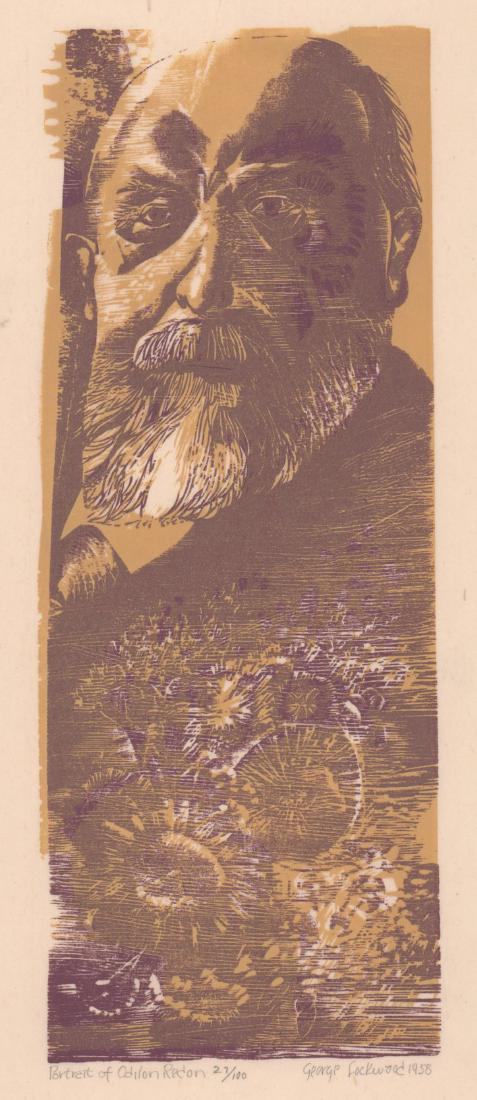 George Lockwood Signed Woodcut of Odilon Redon: George Lockwood (American 1929 - 1969) signed etching. Signed and dated 'George Lockwood 1958' in pencil lower right. Title 'Portrait of Odilon Redon' in pencil lower left. Numbered '27/100' in pencil