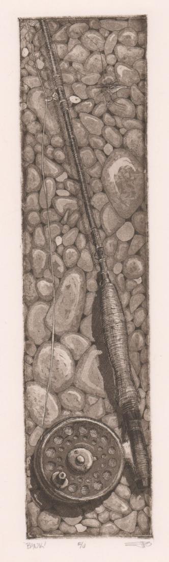 Fly Fishing Illegibly Signed Etching (1 of 4)
