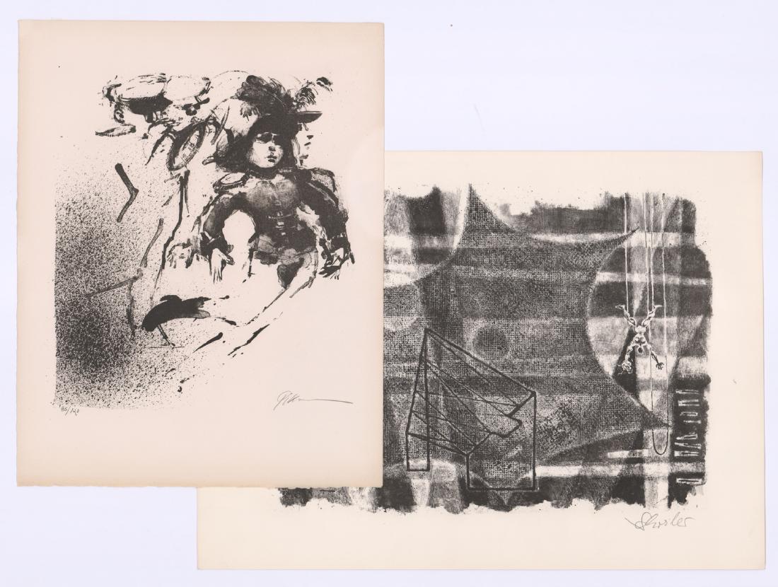 Ruth Gikow and Georges Schreiber Lithographs: Group of two signed lithographs by two artists. 1) George Schreiber (Belgium/American 1904-1977). Signed 'Schreiber' in pencil lower right. Measures 10.5-in. x 14-in. image size, and 13.25-in. x 17.87