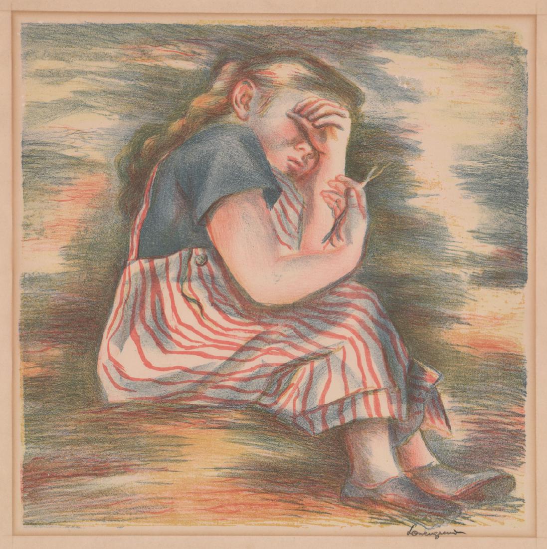 Margaret Lowengrund Color Lithograph: Margaret Lowengrund (American 1902 - 1957) color lithograph. Signed 'Lowengrund' in pencil or grease pencil lower right of image. Lithograph title is 'Girl in the Hay'. Measures 13.875-in. x 14-in. im