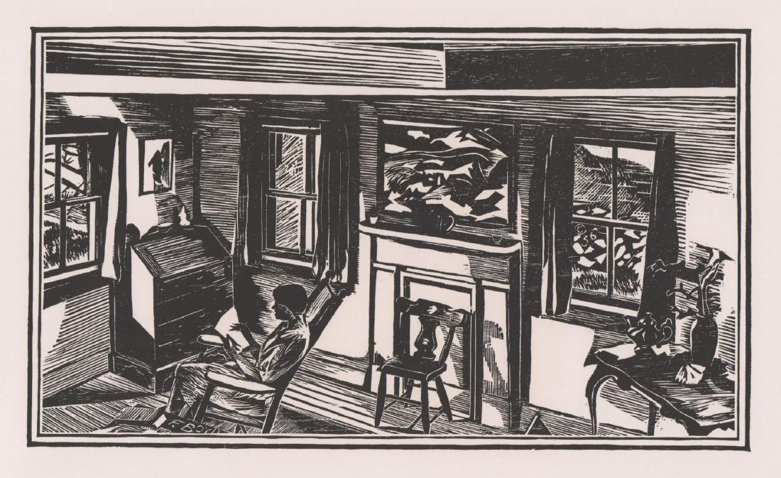 Fiske Boyd Original Woodcut: Fiske Boyd (American 1895 - 1975) original woodcut signed in the plate. Portion of artist's name 'F. Boyd' appears in plate lower left. Titled 'Interior'. Comes with certificate facsimile signed by th