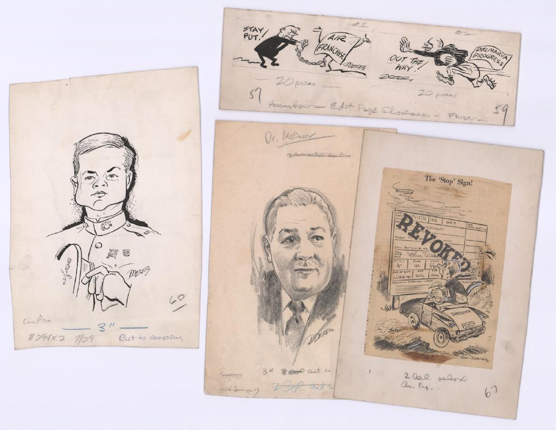 Tom Doerer Original Comic Art: Tom Doerer original signed illustration art. They measure 4.1875 in. x 12.6875 in. to 11.875 in. x 8.1875 in. Unframed, loose and not mounted or glued down. If lot is absent of a condition report a co