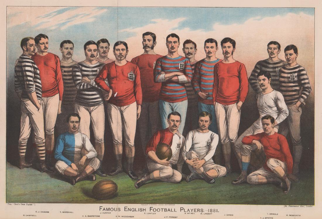 1881 Famaous English Football Players Lithograph: 1881 Famous Football Players (Soccer) lithograph. Measures 11.375 in. x 16.125 in. Fold lines as issued, overall G-VG/VG with slightly trimmed margins. Condition report is provided as an opinion only 