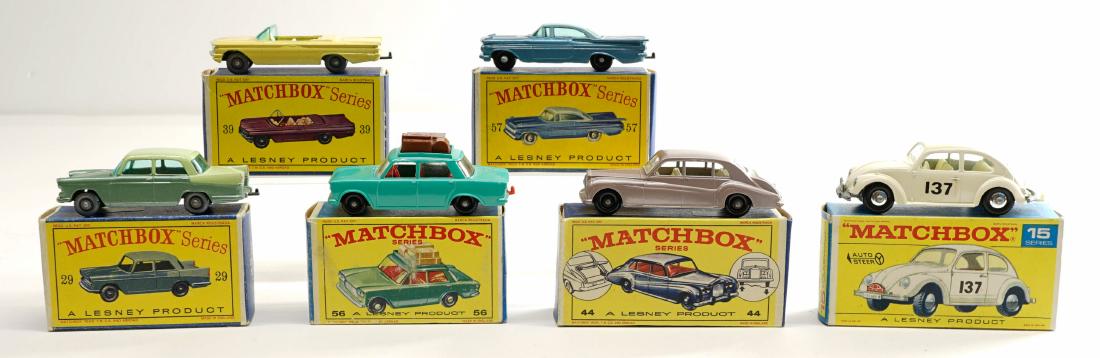 Matchbox Lesney Vintage Vehicles with Boxes (6): Matchbox Lesney group of (6) vehicles with boxes. Includes No.'s 57 Chevrolet Impala, 39 Pontiac Convertible, 15, 56, 44, and 29. All are NrMt/Mt with original boxes. One owner, these were purchased a