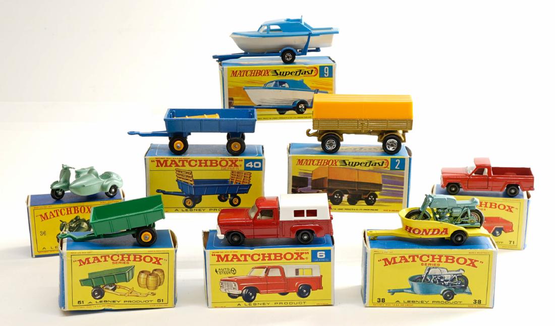 Matchbox Lesney Vintage Vehicles with Boxes (8): Matchbox Lesney group of (8) vehicles with boxes. Includes No.'s 2, 38, 40, 71, 9, 6, 36 and 51. All are NrMt/Mt with original boxes. One owner, these were purchased as collectibles by the consignor a