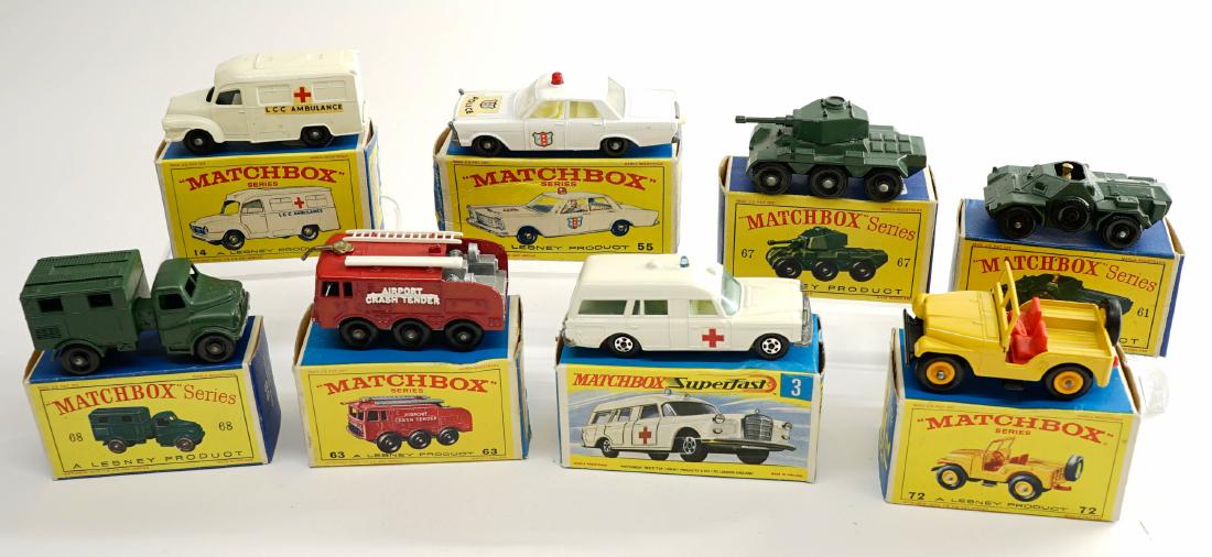 Matchbox Lesney Vehicles with Boxes (8): Matchbox Lesney group of (8) vehicles with boxes. Includes No.'s 3, 63, 61, 68, 55, 67, 72 and 14. All are NrMt/Mt with original boxes. One owner, these were purchased as collectibles by the consignor