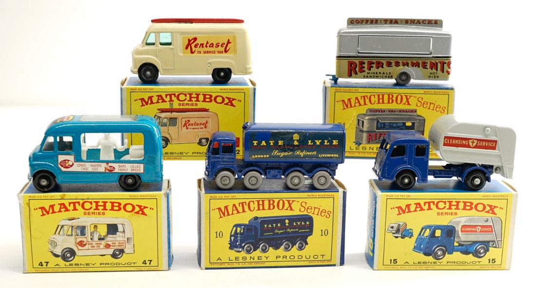 Matchbox Lesney Commercial Vehicles with Boxes (5): Matchbox Lesney group of (5) commercial vehicles with boxes. Includes No.'s 47, 15, 74, 10 and 62. All are NrMt/Mt with original boxes. One owner, these were purchased as collectibles by the consignor