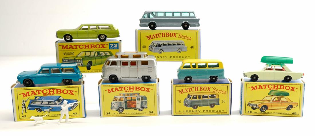 Matchbox Lesney Vehicle Toys with Boxes (6): Matchbox Lesney group of (6) vehicles with boxes. Includes No.'s 34 Volkswagen Camper, 70 Thames Estate Car, 42, 73, 40 and 45. All are NrMt/Mt with original boxes. One owner, these were purchased as 