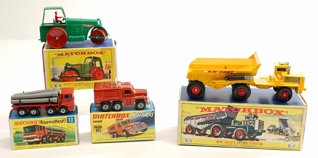 Matchbox Lesney Vehicles with Boxes (4): Matchbox Lesney group of (4) vehicles with boxes. Includes No.'s K-2, K-9, 16 and 10. All are NrMt/Mt with original boxes. One owner, these were purchased as collectibles by the consignor and not a to