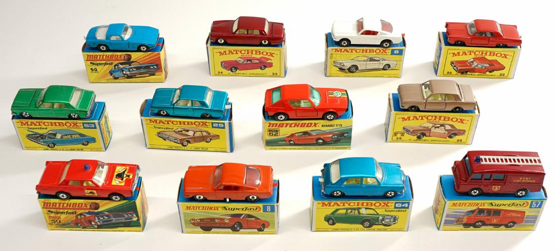 Matchbox Lesney Vehicles NMIB/MIB (12): Matchbox Lesney group of (12) vehicles. All are Near Mint/Mint in original boxes. Includes No.'s 59, 8, 25, 8, 53, 25, 22, 24, 62, 14, 64 and 57. One owner, these were purchased as collectibles by the