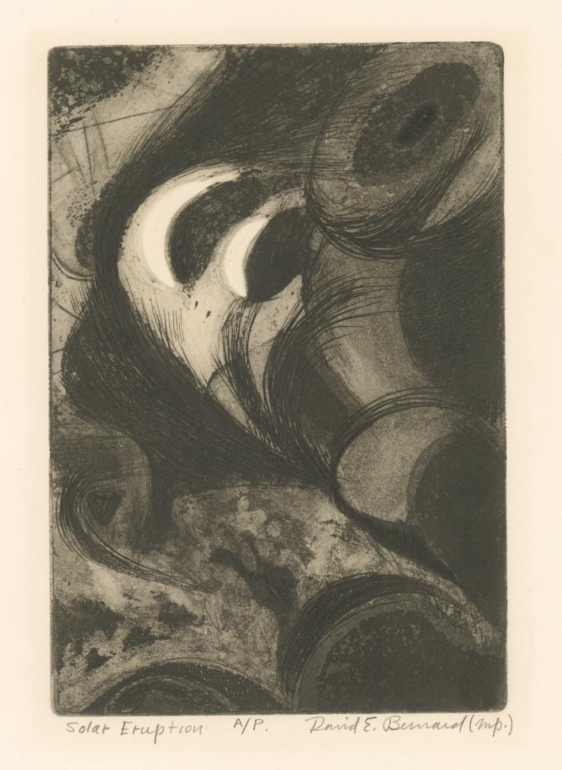 David Edwin Bernard Signed Artist Proof Etching: David Edwin Bernard (American b. 1913) signed artist proof etching. Signed 'David E. Bernard (imp)' in pencil lower right. 'A/P' in pencil lower center. Title 'Solar Eruption' in pencil lower left. Da