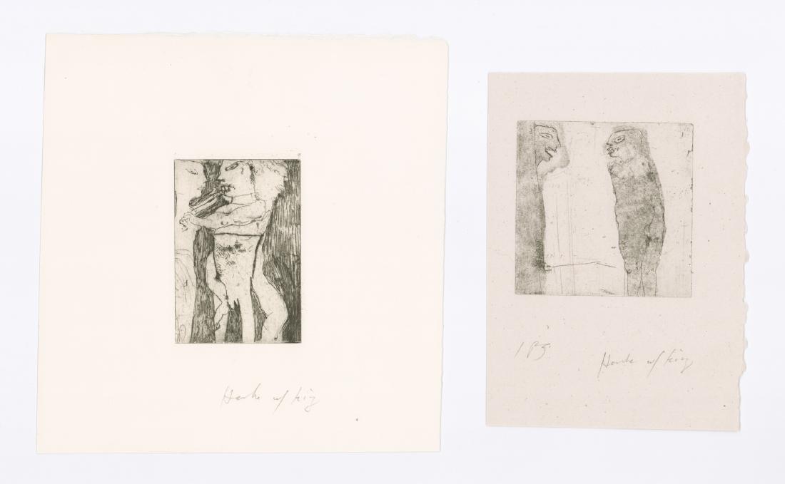 Dellas Henke Signed Etchings (2): Two Dellas Henke (American) signed etchings. Both signed 'Henke w/illegible' in pencil lower right. One measures 8.625-in. x 6.25-in. sheet size. The other measures 10.125-in. x 9.75-in. sheet size. B