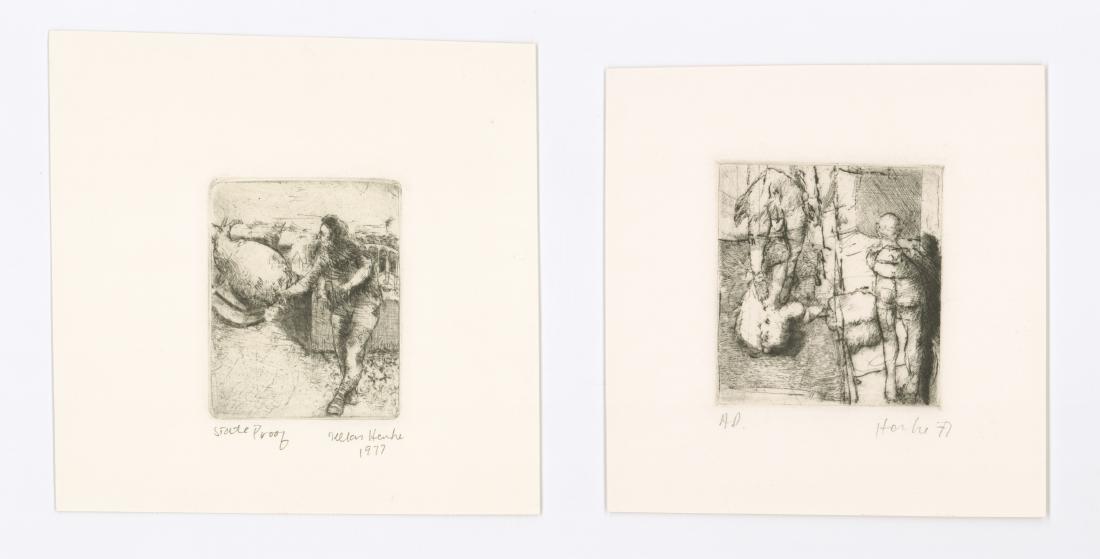 Dellas Henke Signed Etchings (2): Two Dellas Henke (American) signed etchings. One signed 'Henke '77' in pencil lower right. 'AP' is in pencil lower left, and measures 5.625-in. x 5.5-in. sheet size. The other is signed 'Dellas Henke 