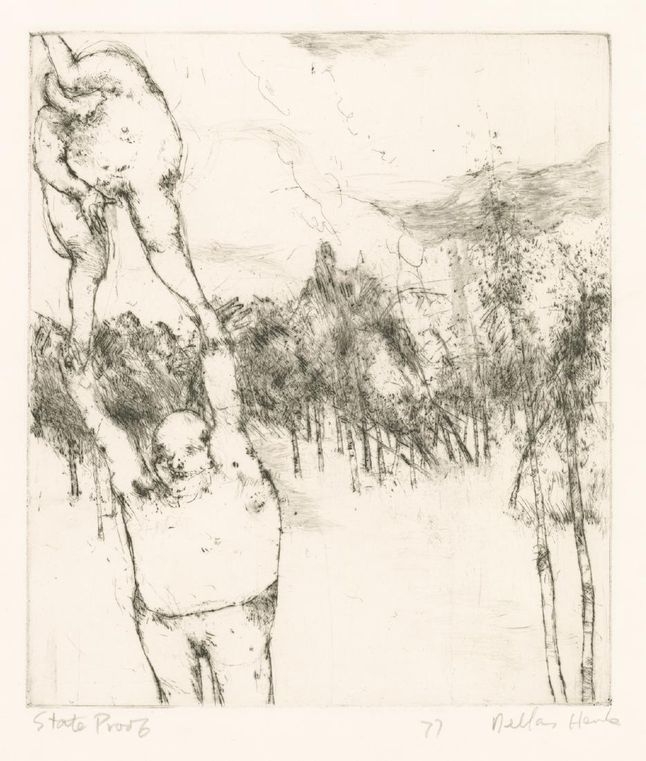 Dellas Henke Signed Etching: Dellas Henke (American) signed etching. Signed '77 Dellas Henke' in pencil lower right. 'State Proof' is in pencil lower left. It measures 11.25-in. x 9.75-in. image size, 16.75-in. x 14.375-in. sheet