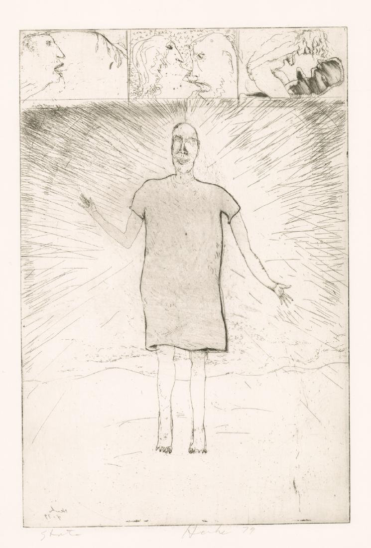 Dellas Henke Signed Etching: Dellas Henke (American) signed etching. Signed 'Henke 79' in pencil lower right. 'State' is in pencil lower left. Artist's name and date is printed in plate, lower left, reverse image. It measures 12.