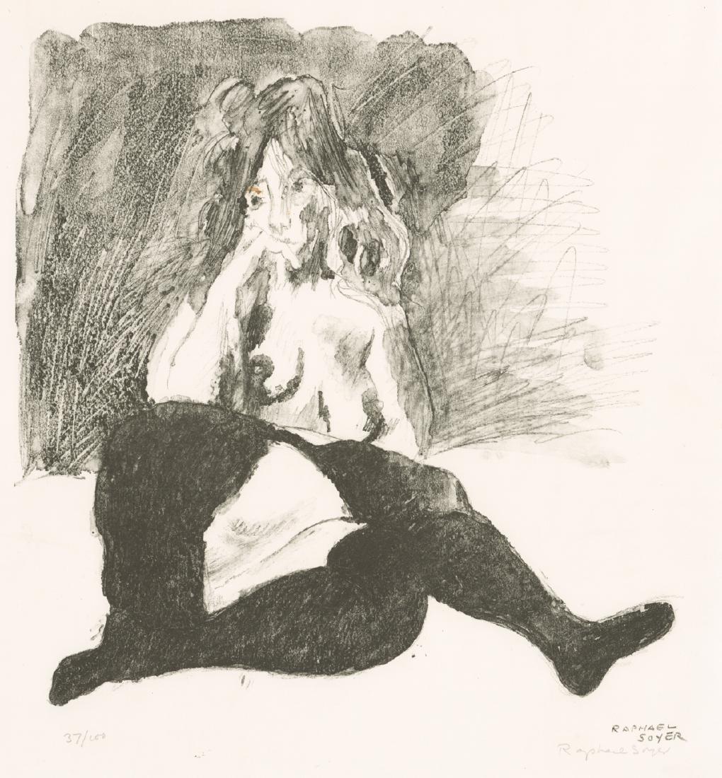 Raphael Soyer Signed Lithograph: Raphael Soyer (American 1899 - 1987) signed lithograph. Signed 'Raphael Soyer' in pencil lower right and printed in plate above signature. Numbered '37/100' in pencil lower left. Measures 27.875-in. x